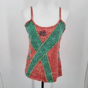 Rising International Tank Top Womens Medium Red Green Mixed Media Boho Festival